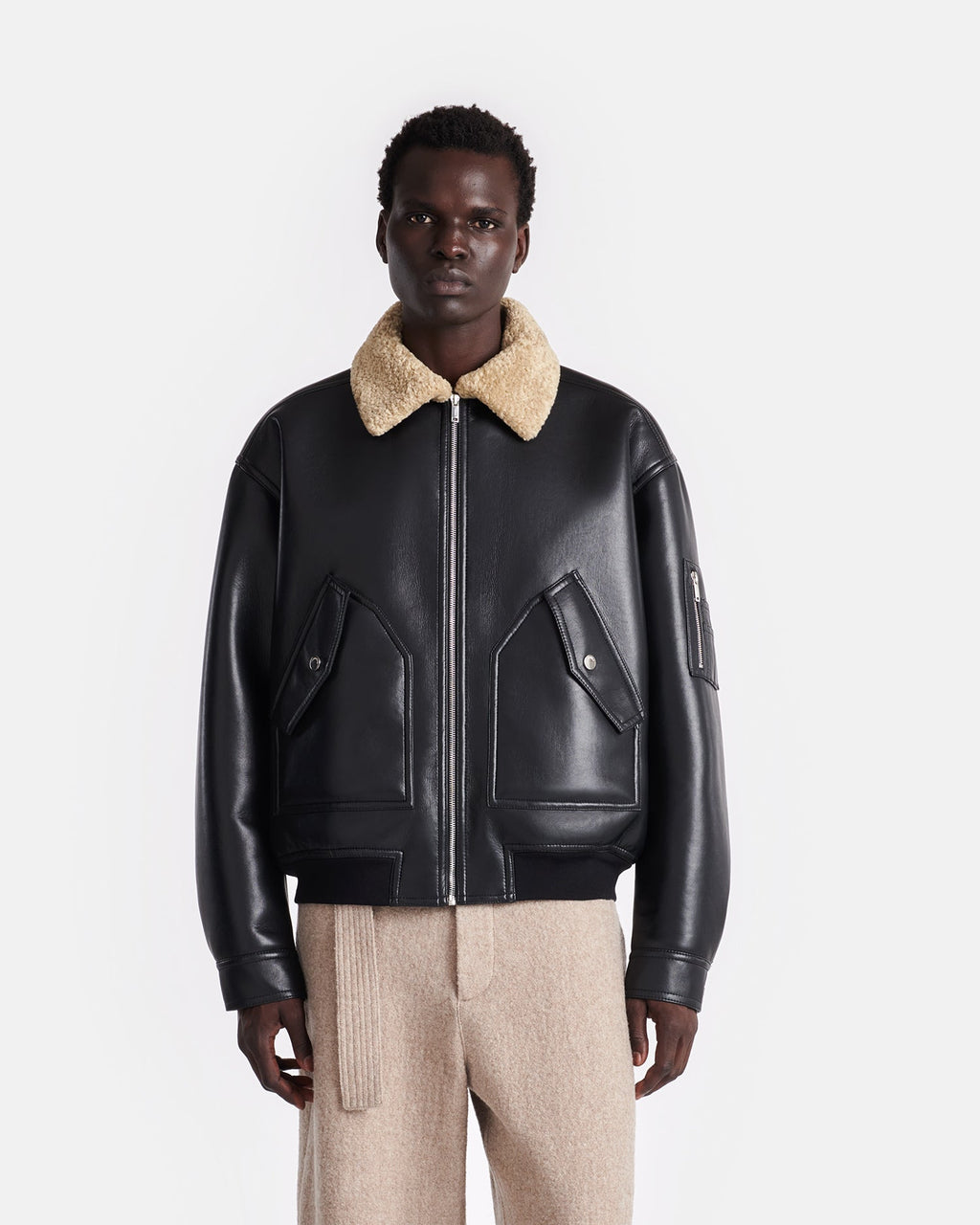 Blouson Aviateur en Peau Lainée - Maïs/Noir