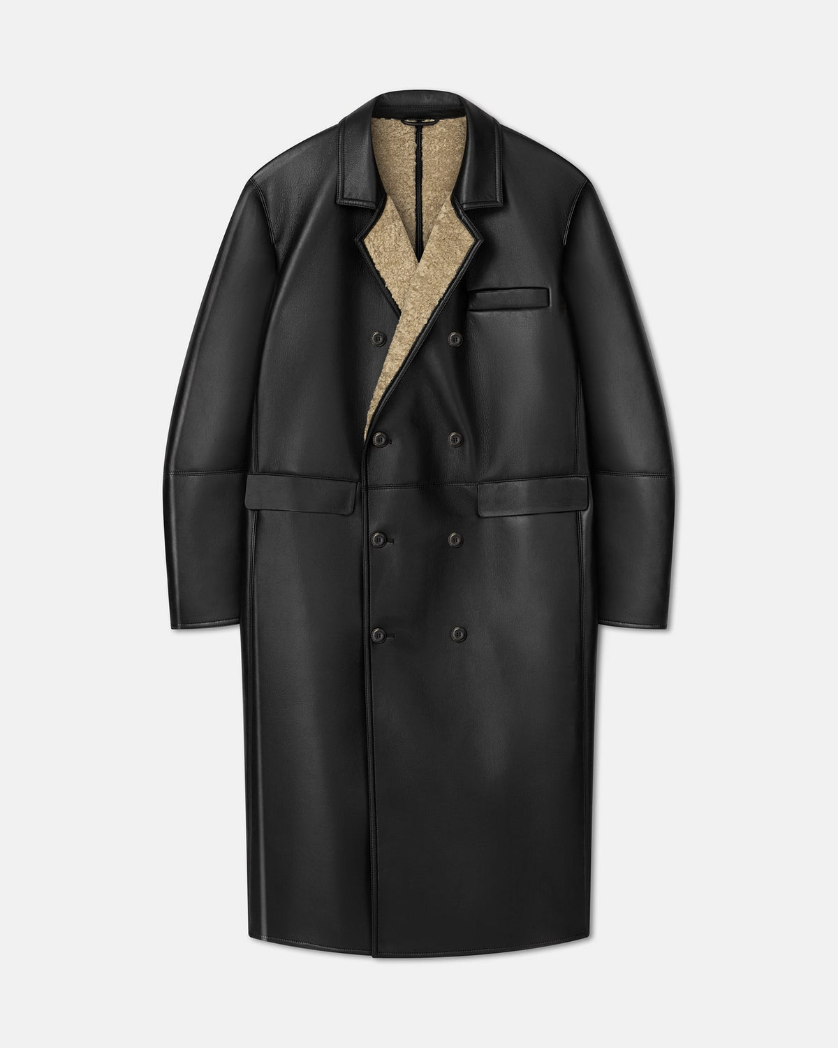 Manteau croisé en peau lainée contrecollée – Brin de maïs/Noir