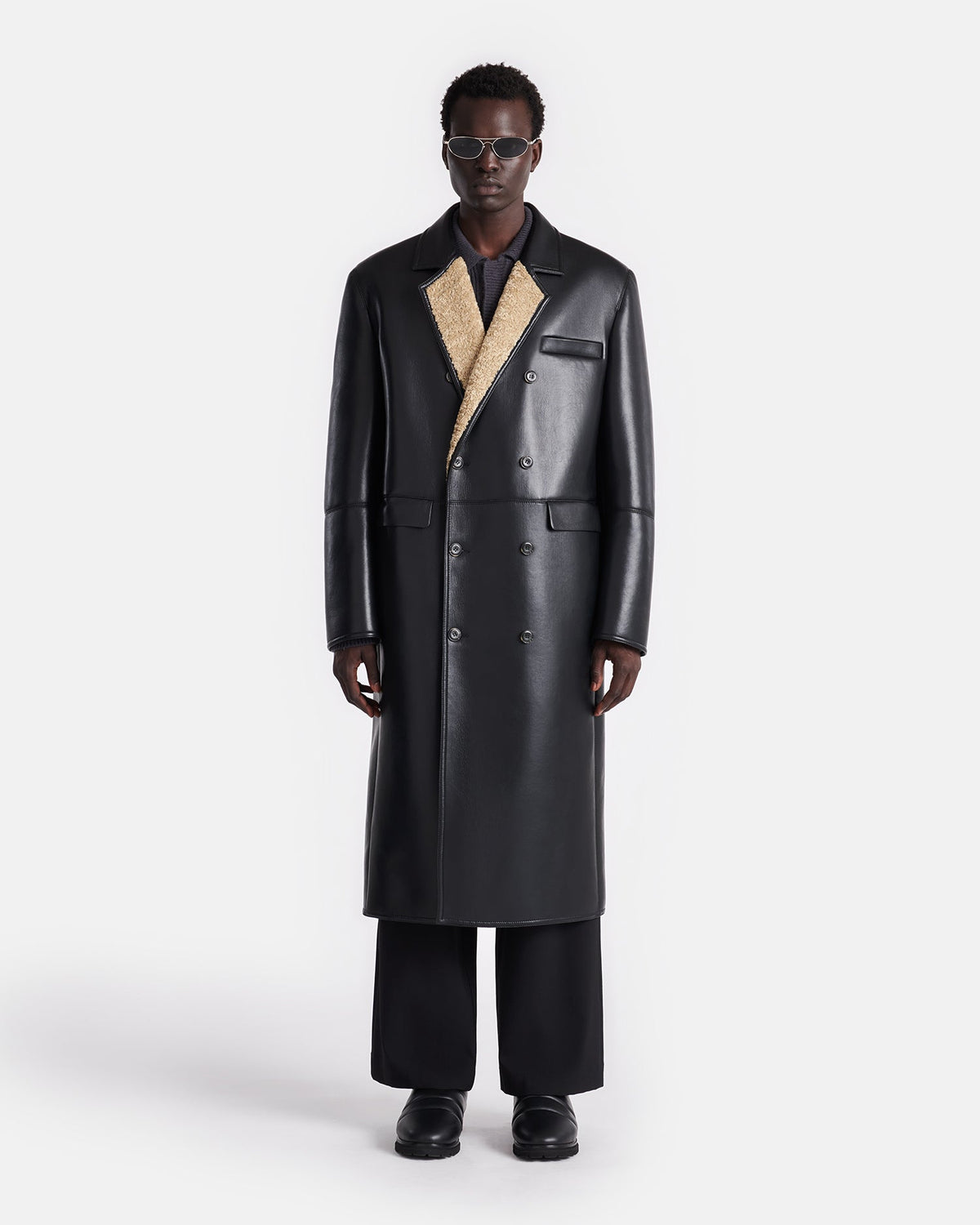 Manteau croisé en peau lainée contrecollée – Brin de maïs/Noir