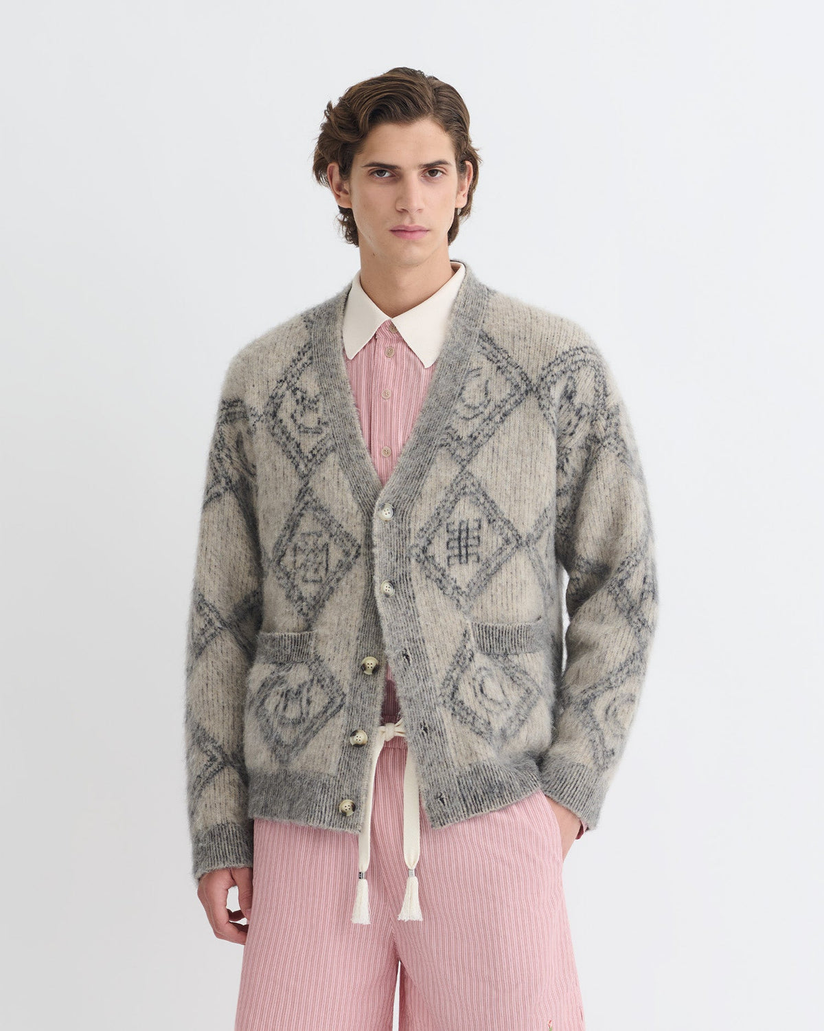 Cardigan en alpaga brossé - Motif géométrique Avoine