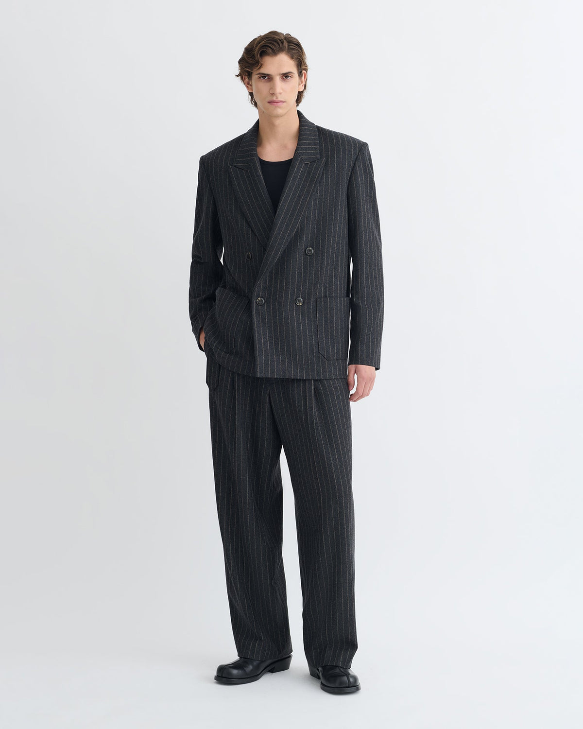 Blazer croisé en laine à fines rayures - Noir/Gris