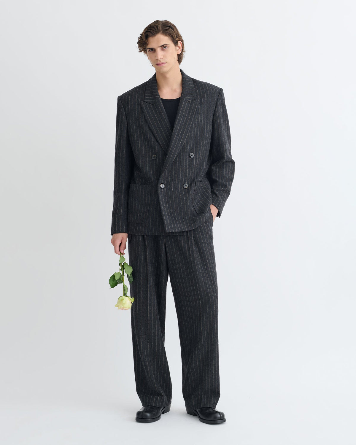 Blazer croisé en laine à fines rayures - Noir/Gris