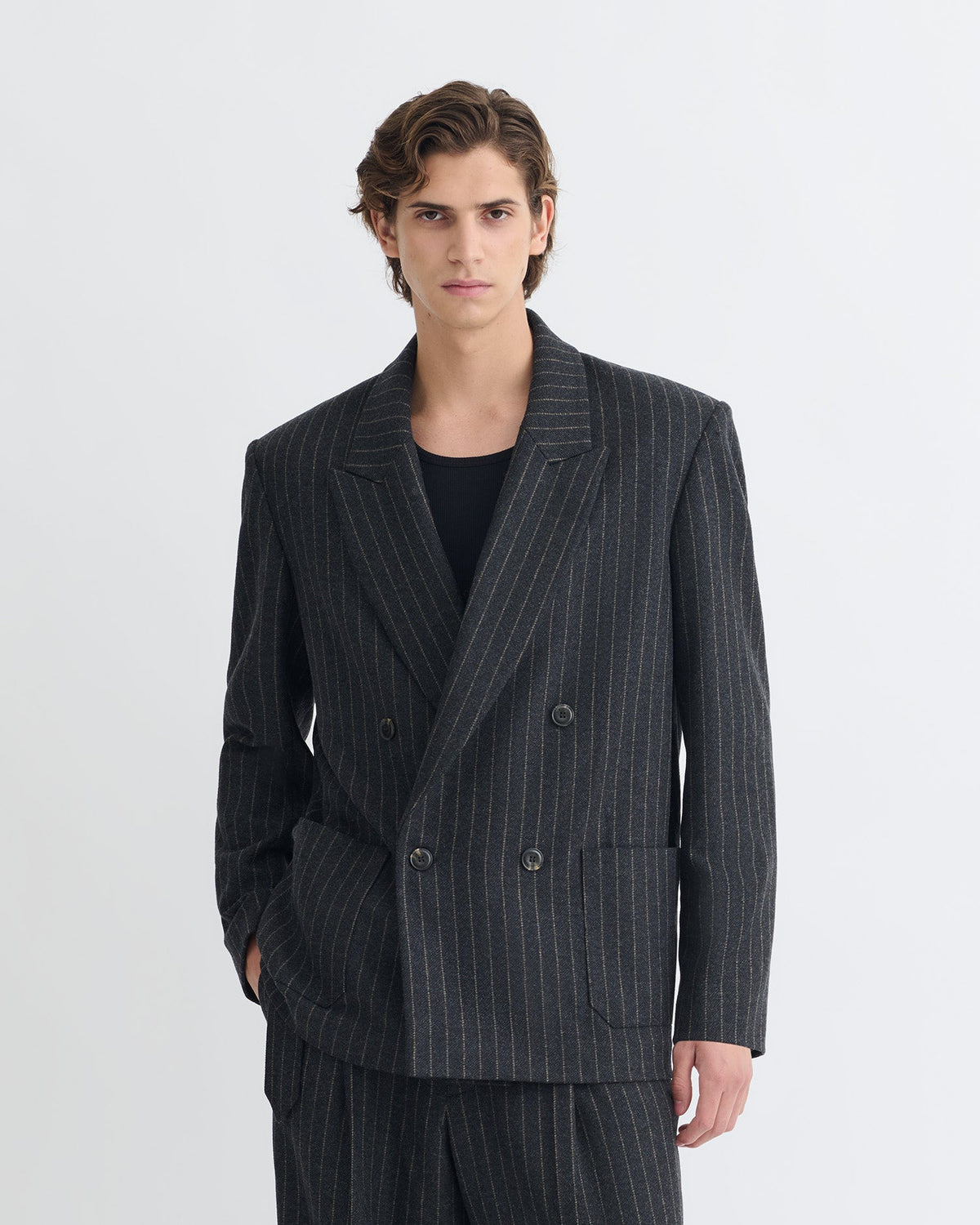 Blazer croisé en laine à fines rayures - Noir/Gris