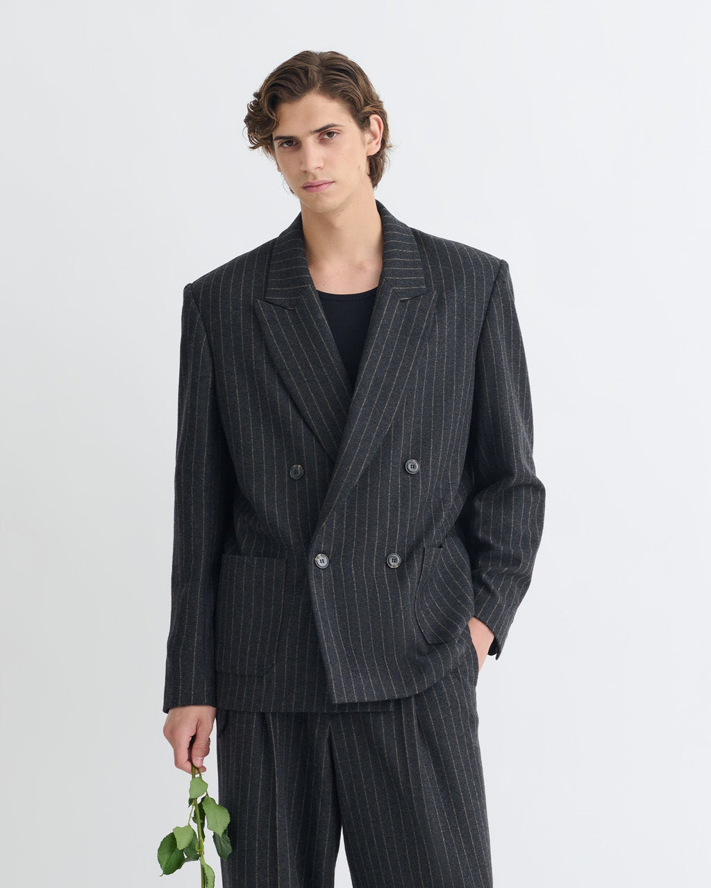 Blazer croisé en laine à fines rayures - Noir/Gris