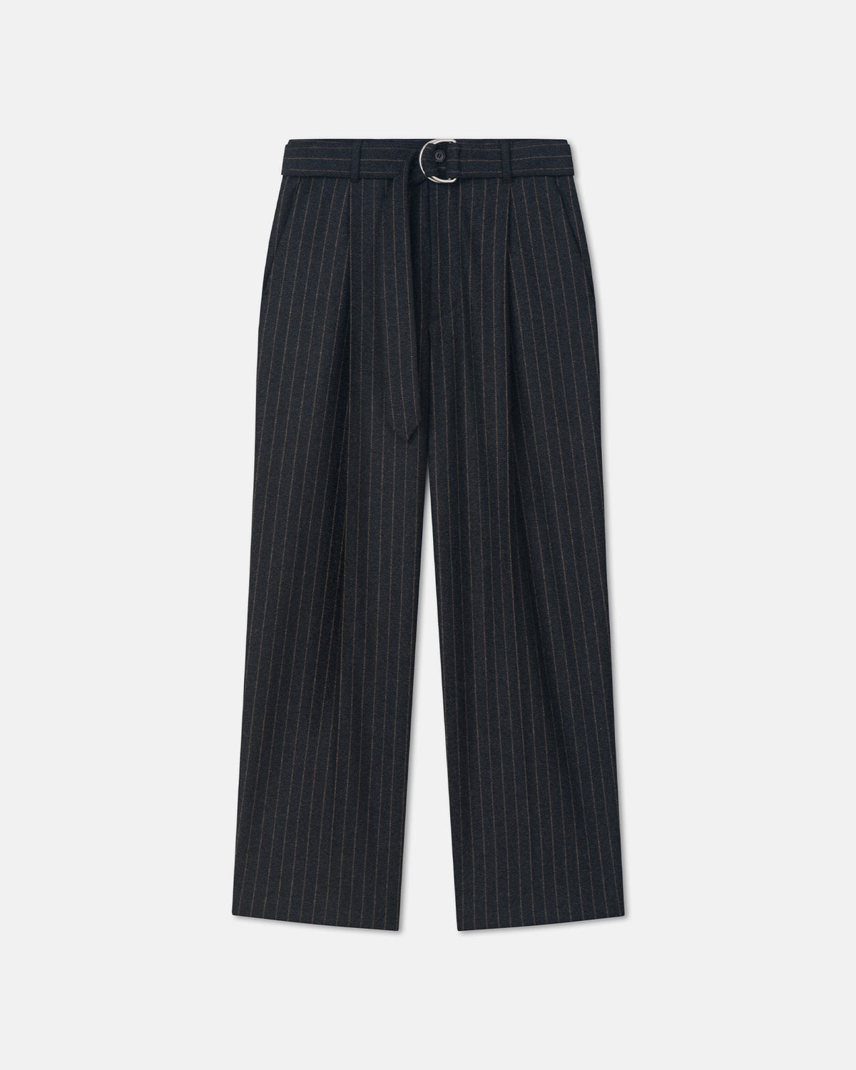 Pantalon en laine à rayures fines et ceinture - Noir/Gris
