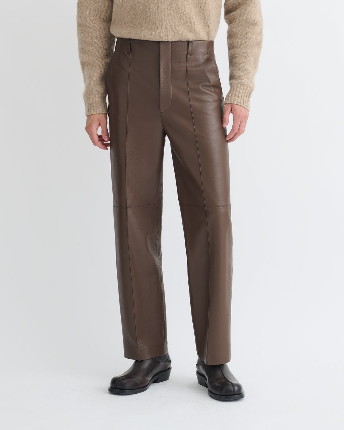 Pantalon droit en cuir recyclé - Chocolat