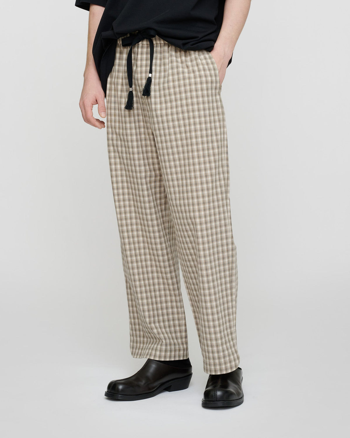 Pantalon à cordon de serrage en tissu quadrillé - Crème/Gris