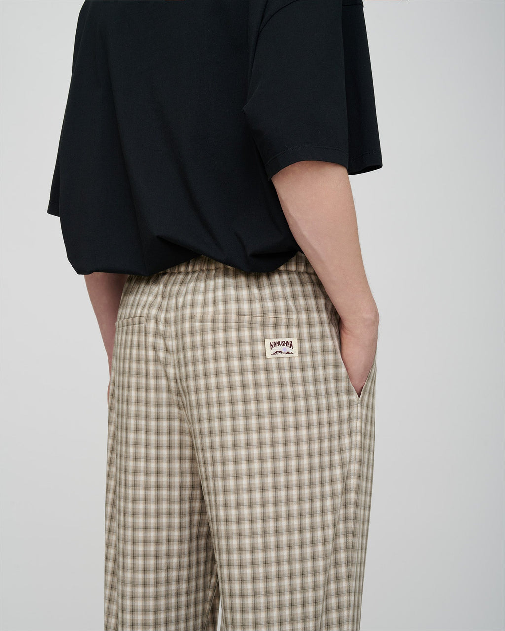 Pantalon à cordon de serrage en tissu quadrillé - Crème/Gris