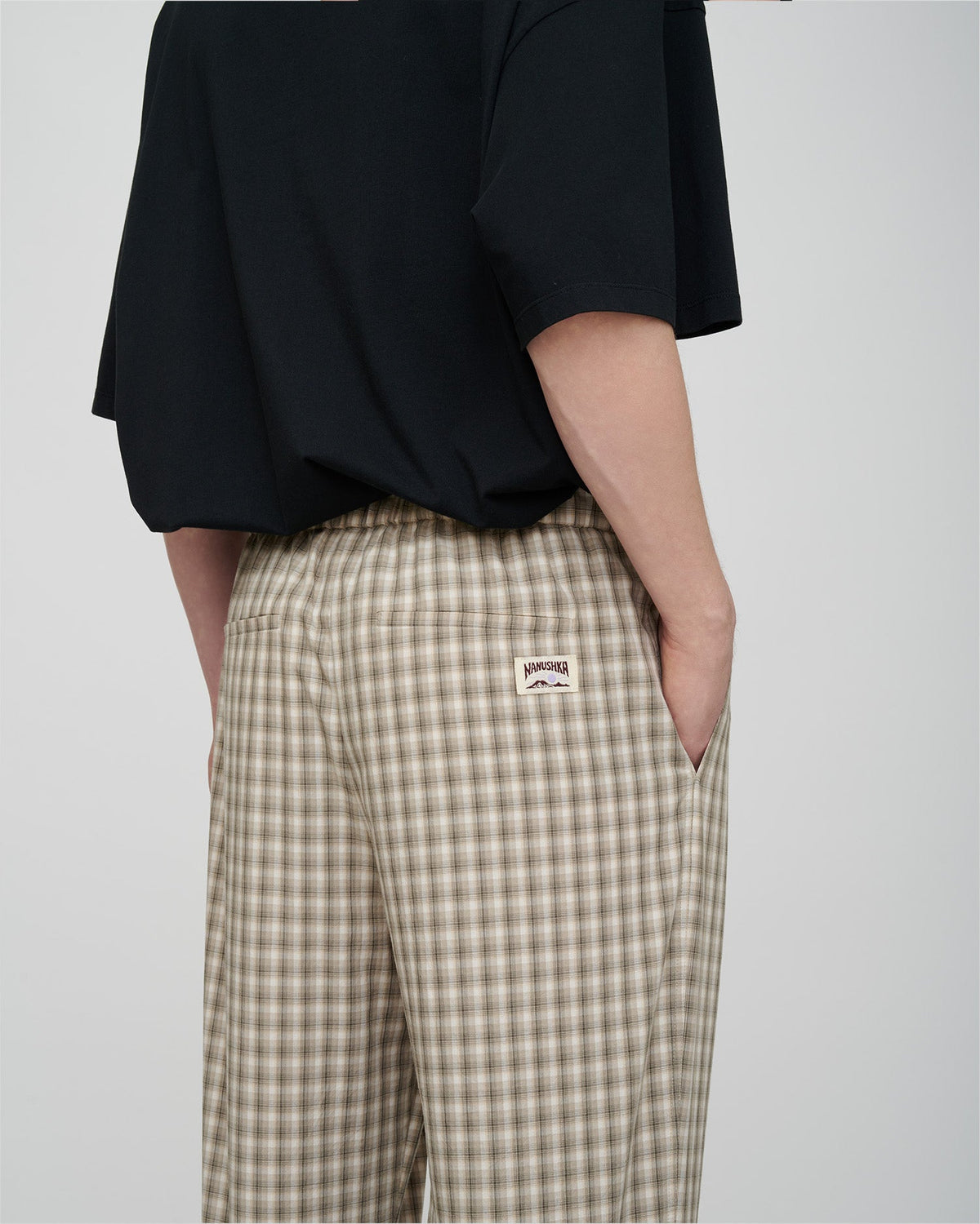 Pantalon à cordon de serrage en tissu quadrillé - Crème/Gris