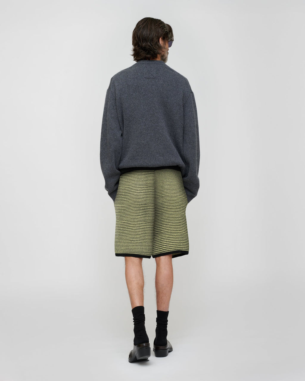 Shorts rayés en coton et lin - Crème acide/Noir