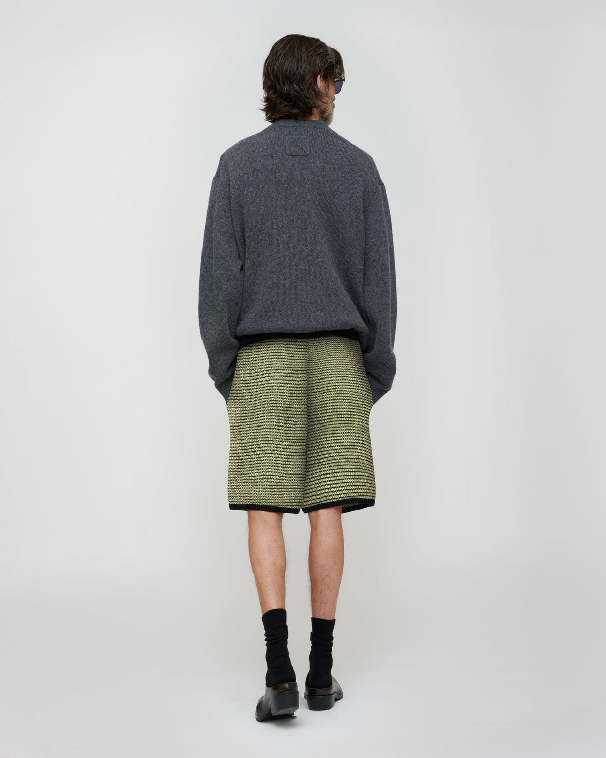 Shorts rayés en coton et lin - Crème acide/Noir