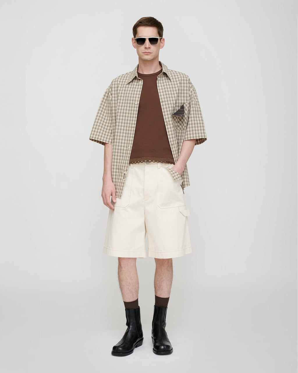 Chemise à carreaux - Crème/Gris (Manches courtes)