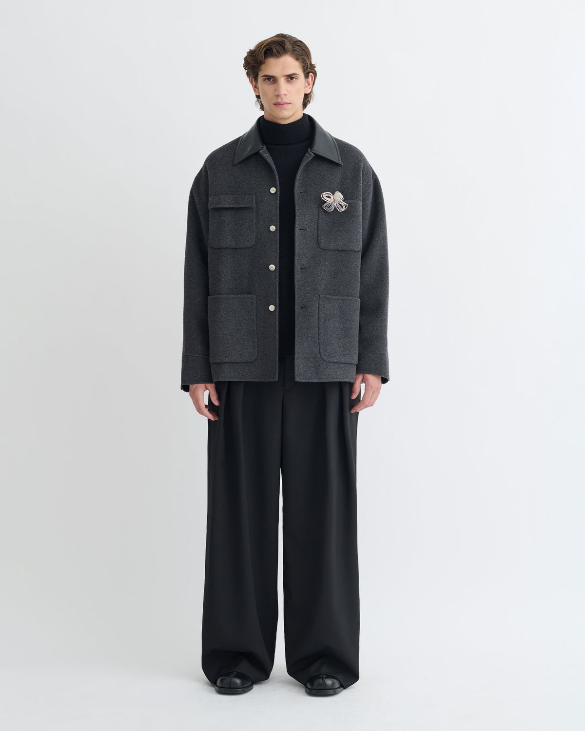 Veste à col en cuir et double laine - Gris chiné
