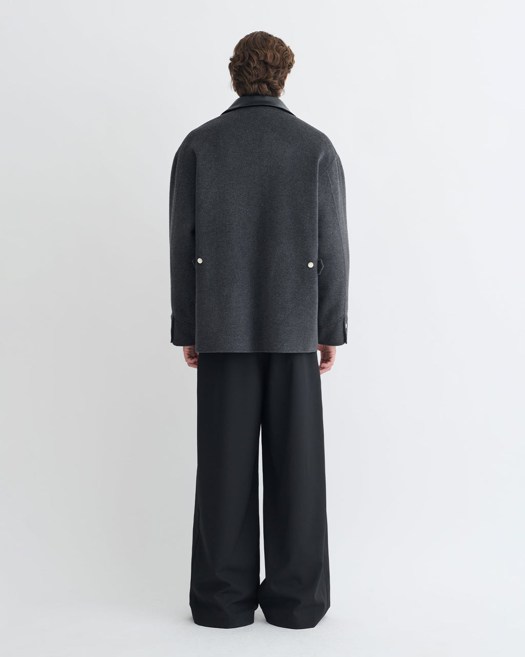 Veste à col en cuir et double laine - Gris chiné