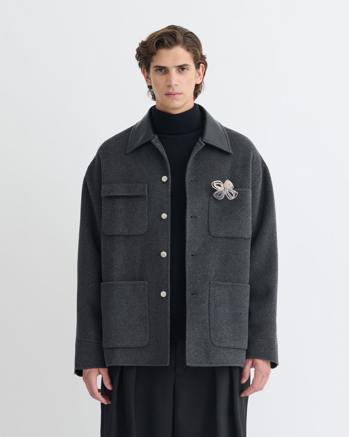 Veste à col en cuir et double laine - Gris chiné