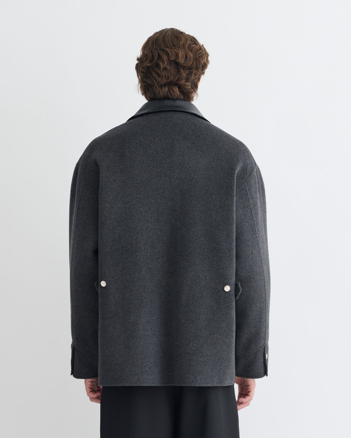 Veste à col en cuir et double laine - Gris chiné