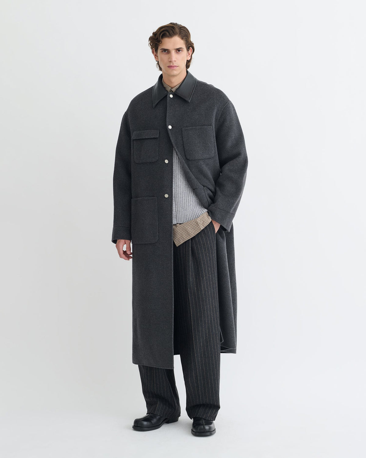 Manteau à Col en Laine Double et Cuir - Gris Chiné
