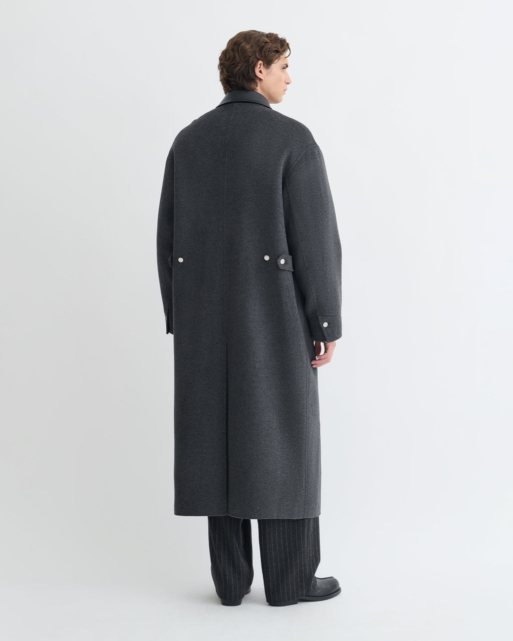 Manteau à Col en Laine Double et Cuir - Gris Chiné