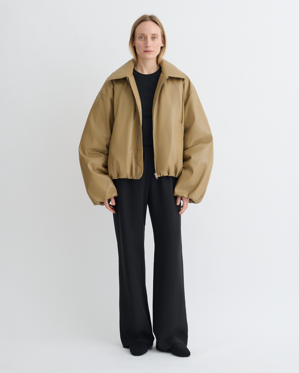 Blouson matelassé en similicuir – Kaki doux