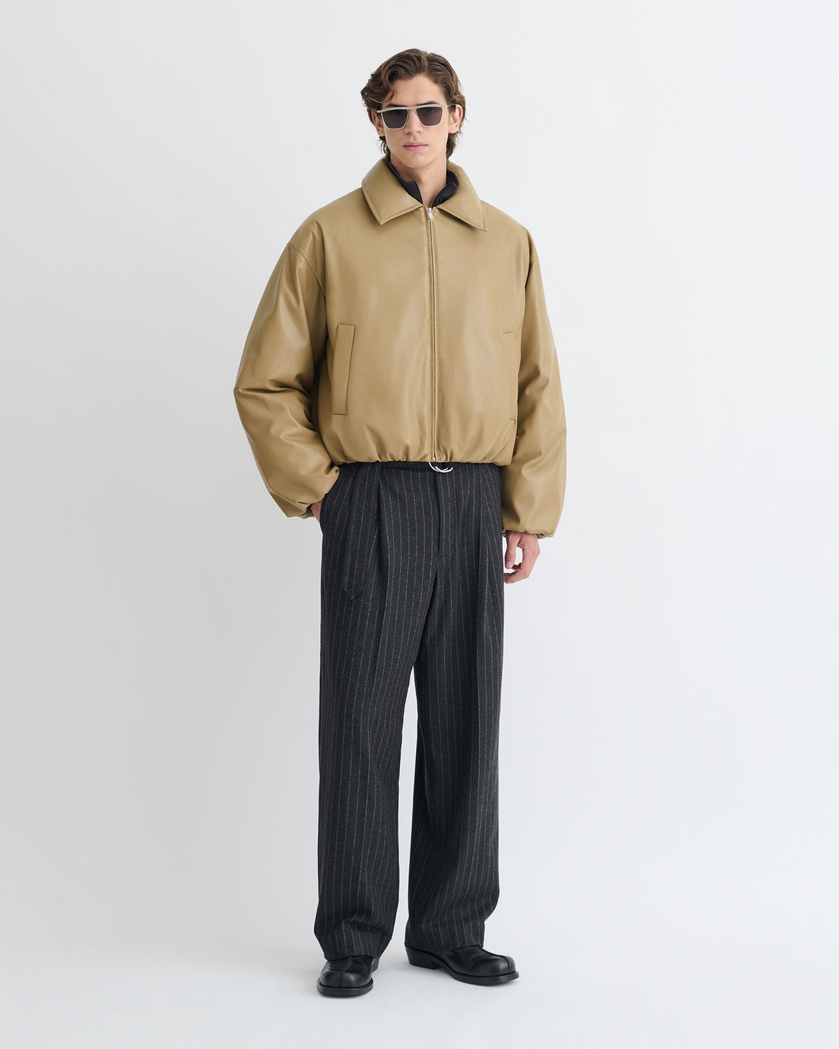 Blouson matelassé en similicuir – Kaki doux