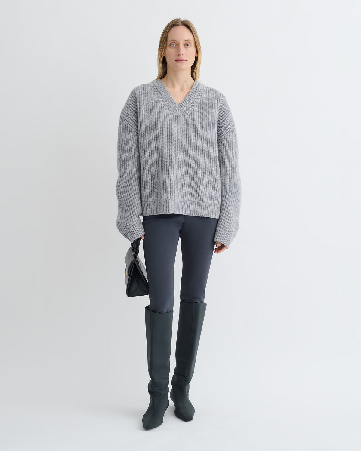 Pull col V en mérinos cachemire - Gris clair