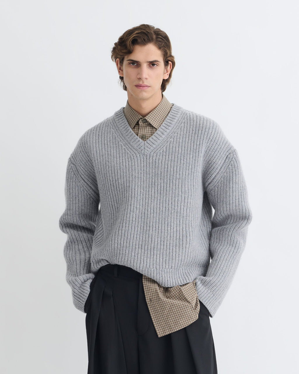 Pull col V en mérinos cachemire - Gris clair
