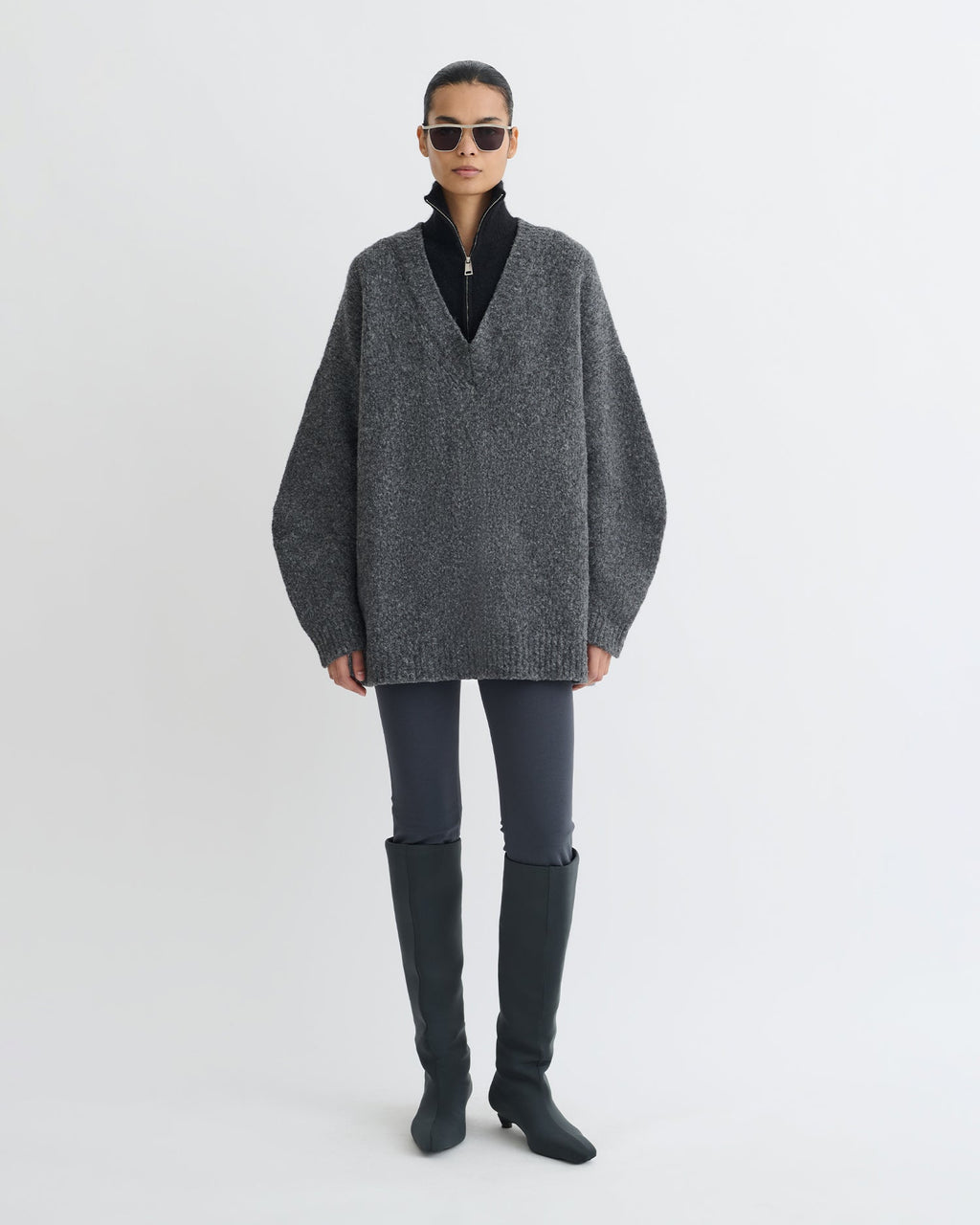 Pull mérinos brossé - Gris anthracite/Noir