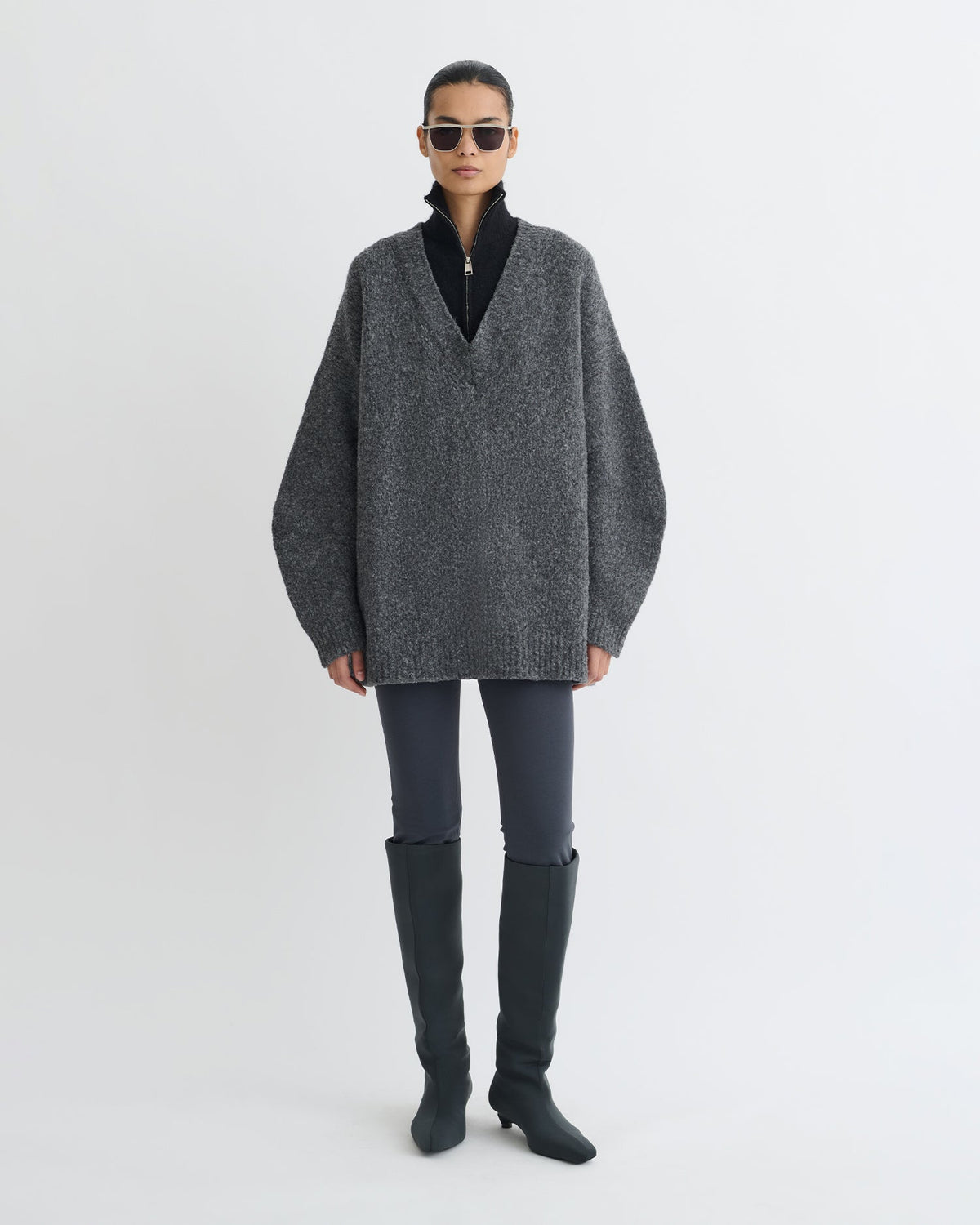 Pull mérinos brossé - Gris anthracite/Noir