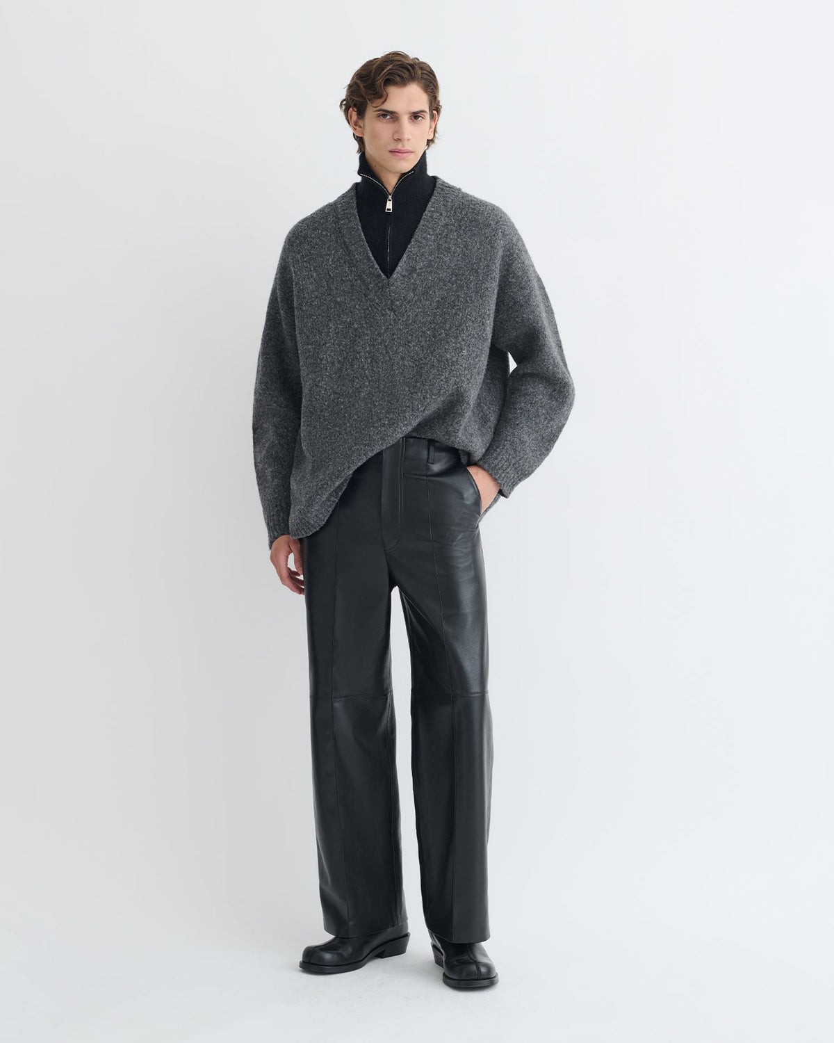 Pull mérinos brossé - Gris anthracite/Noir