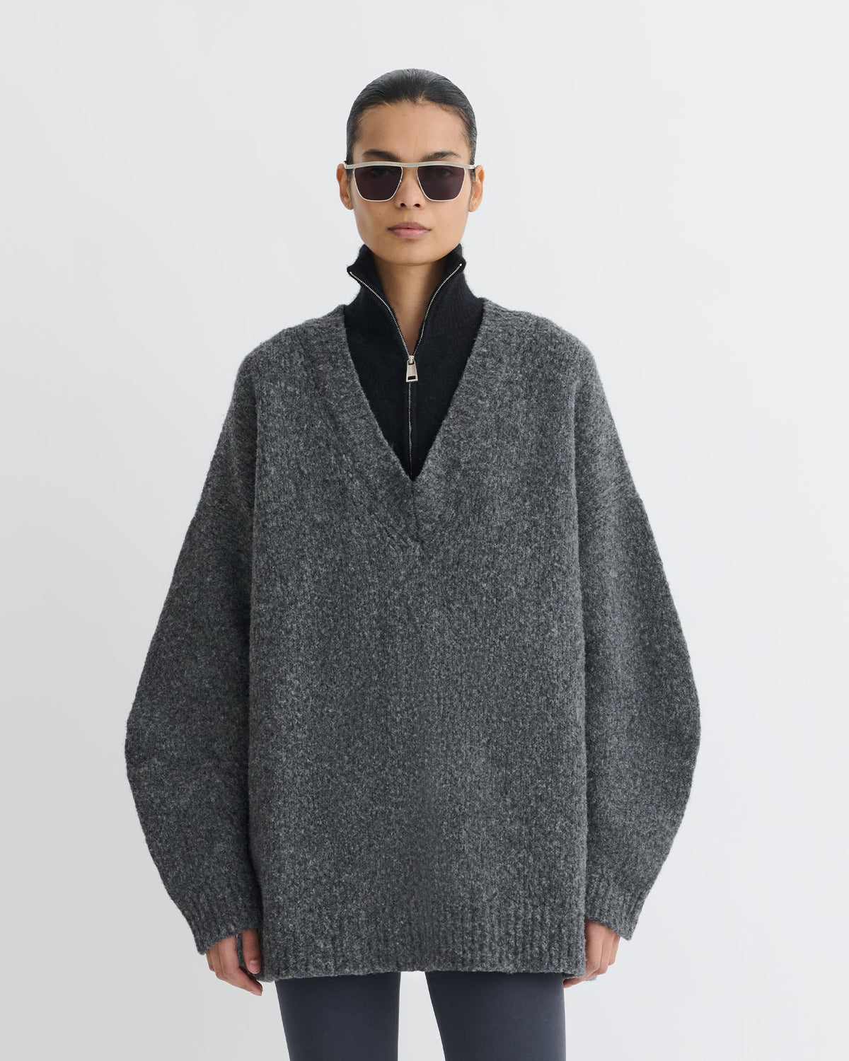 Pull mérinos brossé - Gris anthracite/Noir