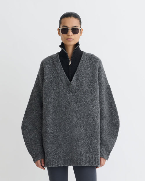Pull mérinos brossé - Gris anthracite/Noir