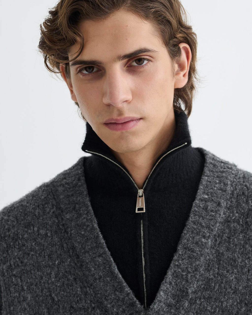 Pull mérinos brossé - Gris anthracite/Noir