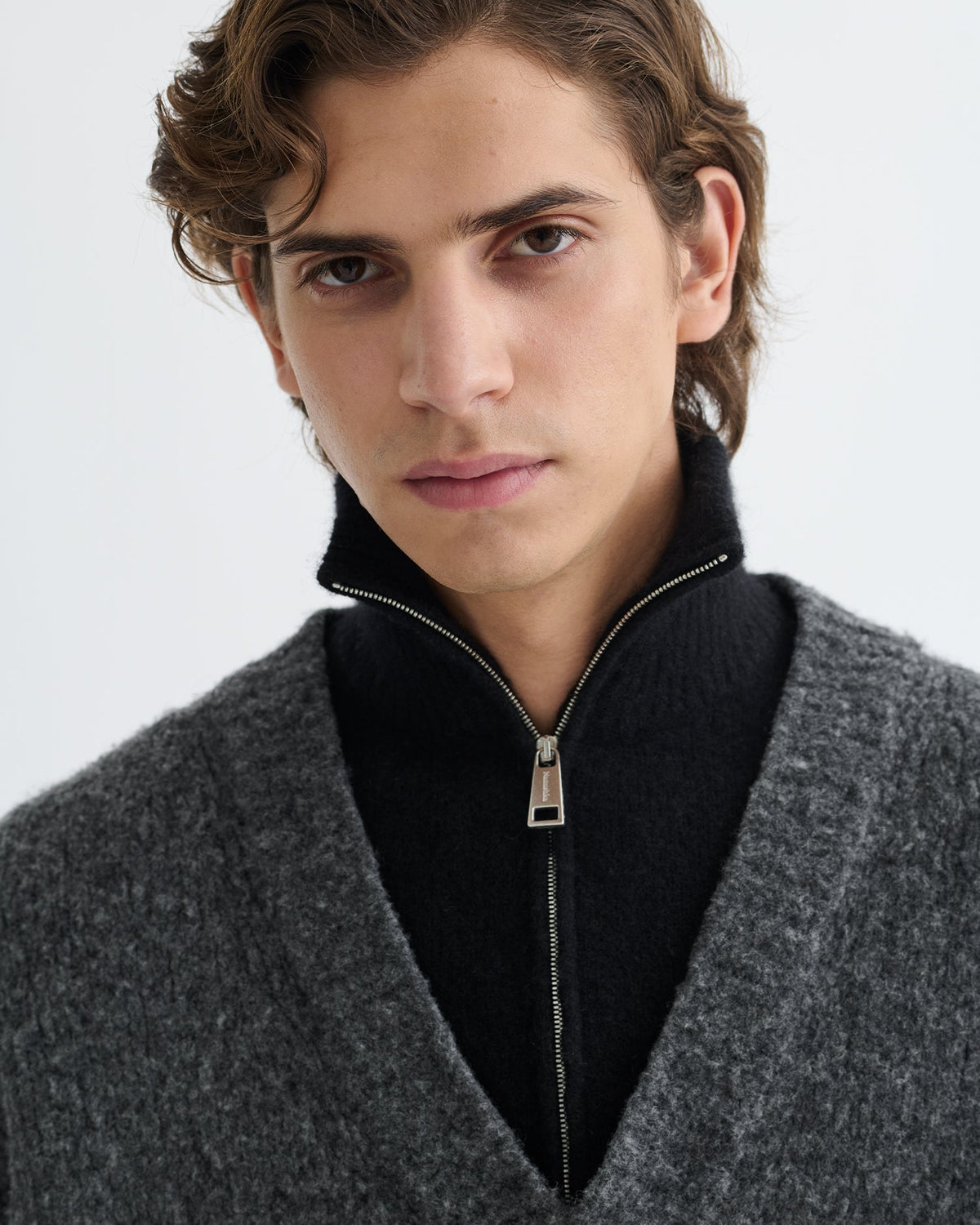 Pull mérinos brossé - Gris anthracite/Noir