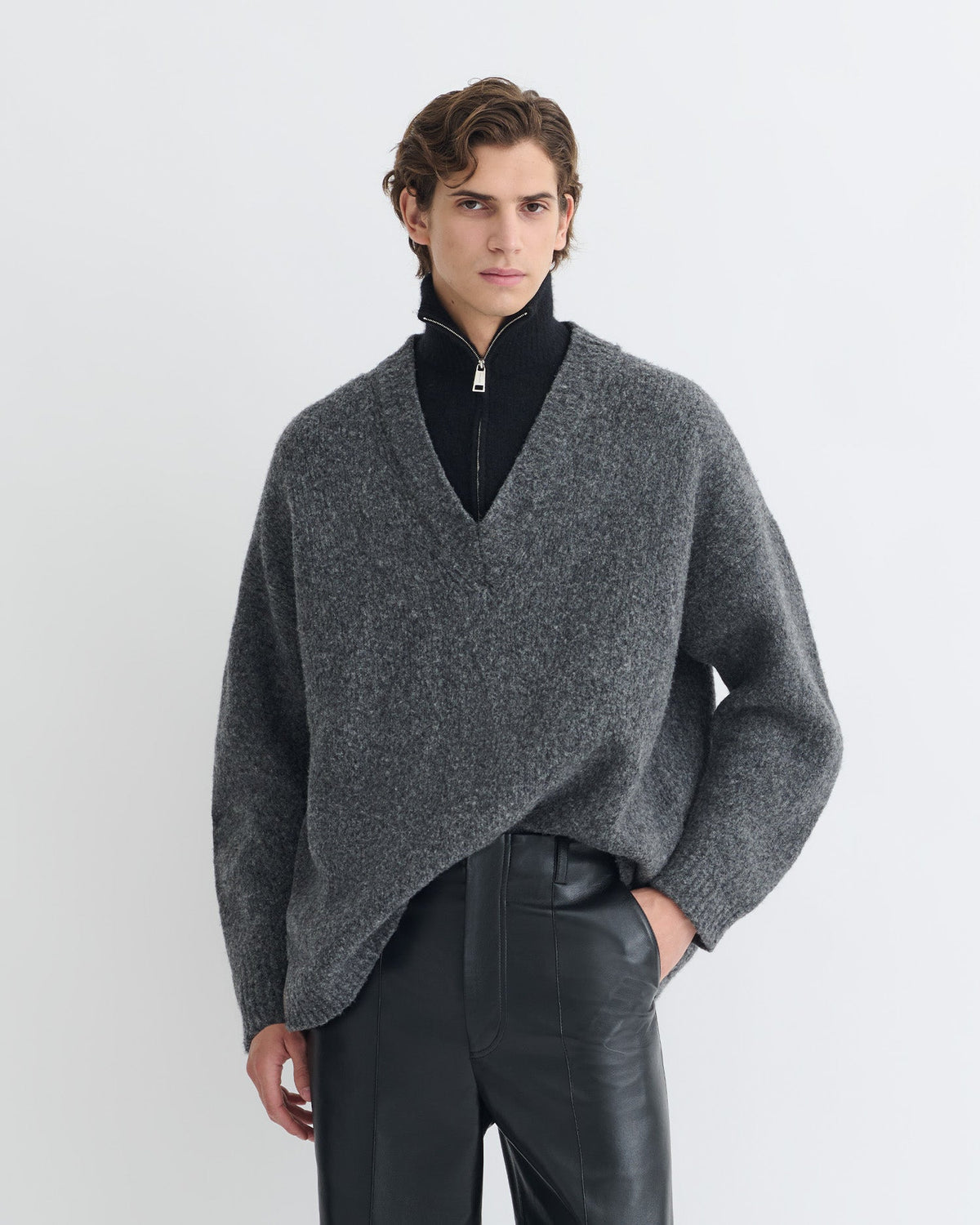 Pull mérinos brossé - Gris anthracite/Noir