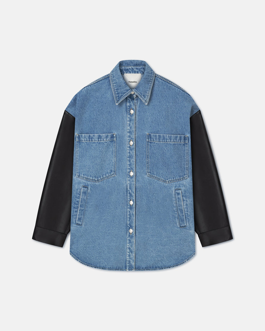 Chemise à manches en jean biologique et cuir - Bleu moyen/Noir