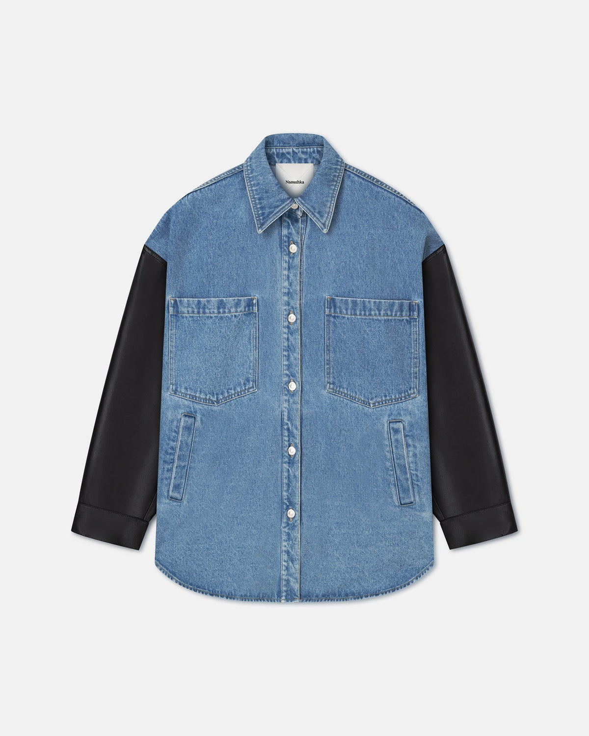 Chemise à manches en jean biologique et cuir - Bleu moyen/Noir