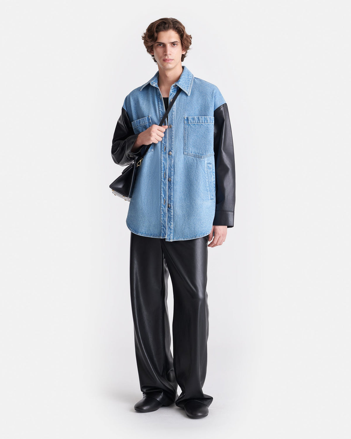 Chemise à manches en jean biologique et cuir - Bleu moyen/Noir