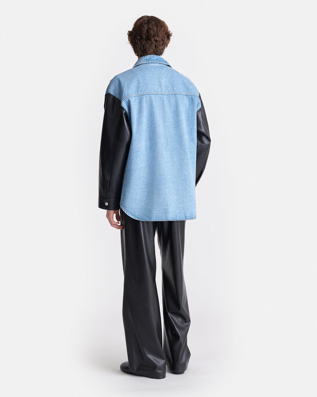 Chemise à manches en jean biologique et cuir - Bleu moyen/Noir