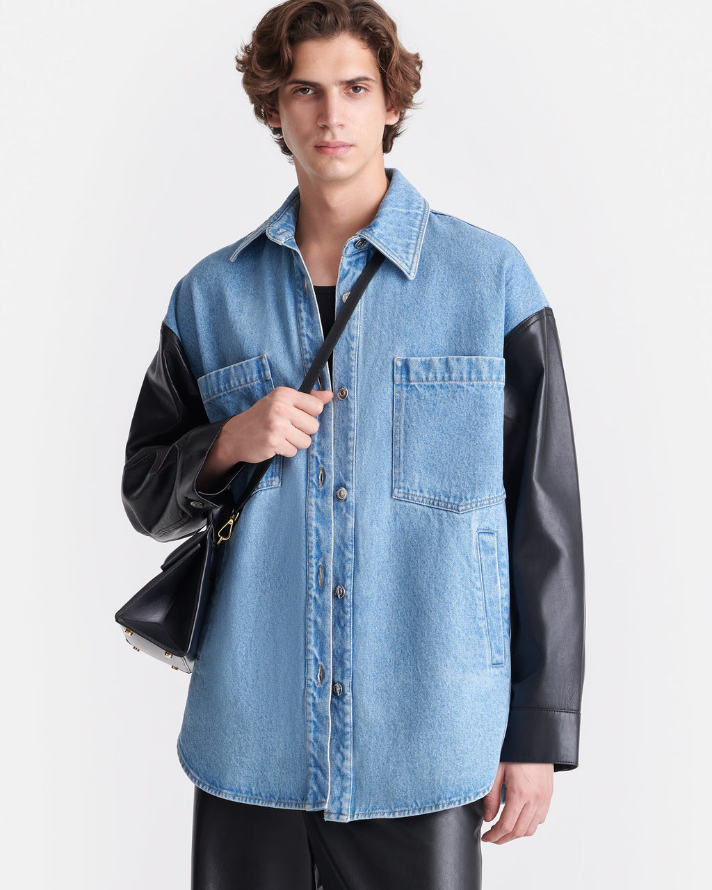 Chemise à manches en jean biologique et cuir - Bleu moyen/Noir