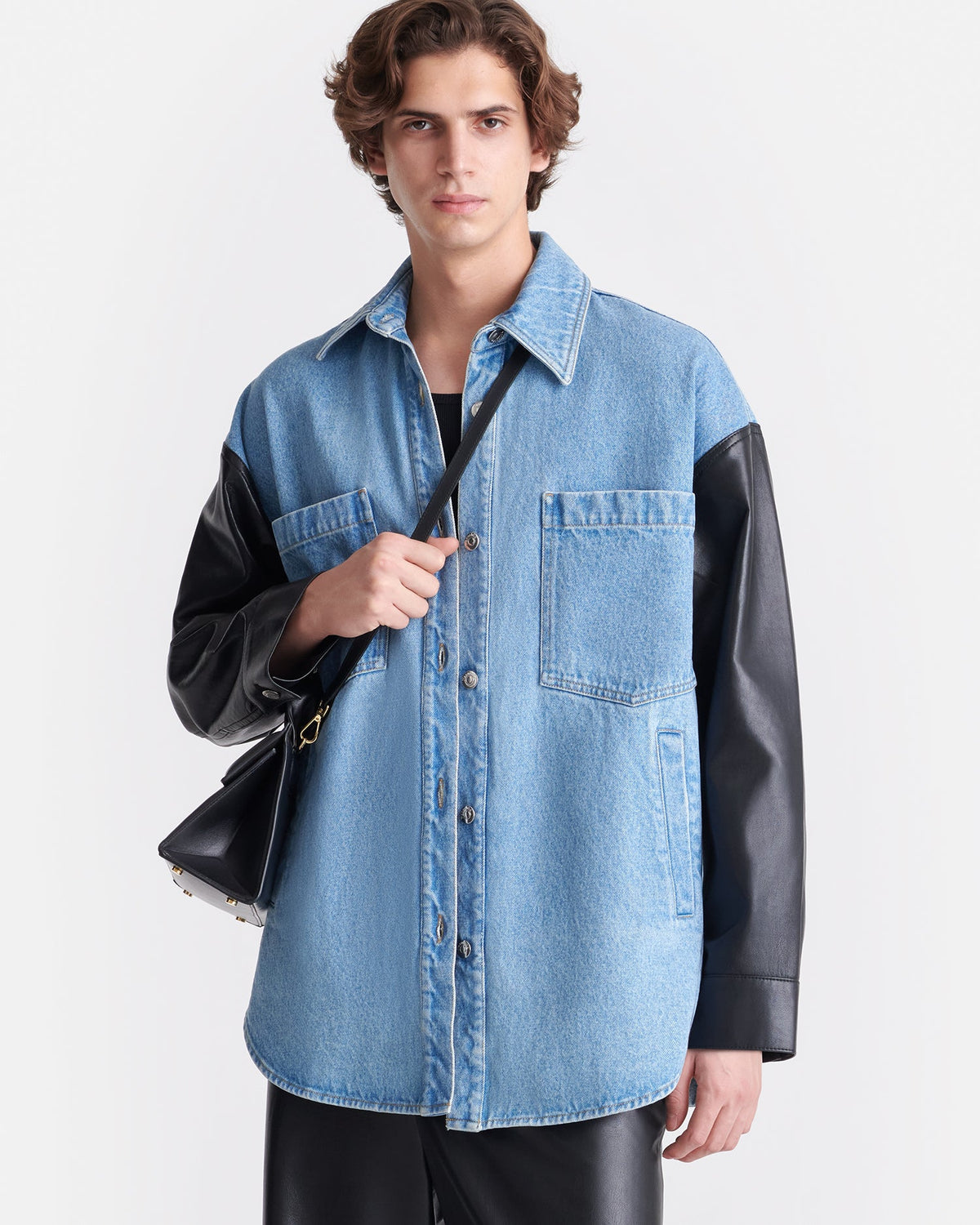 Chemise à manches en jean biologique et cuir - Bleu moyen/Noir