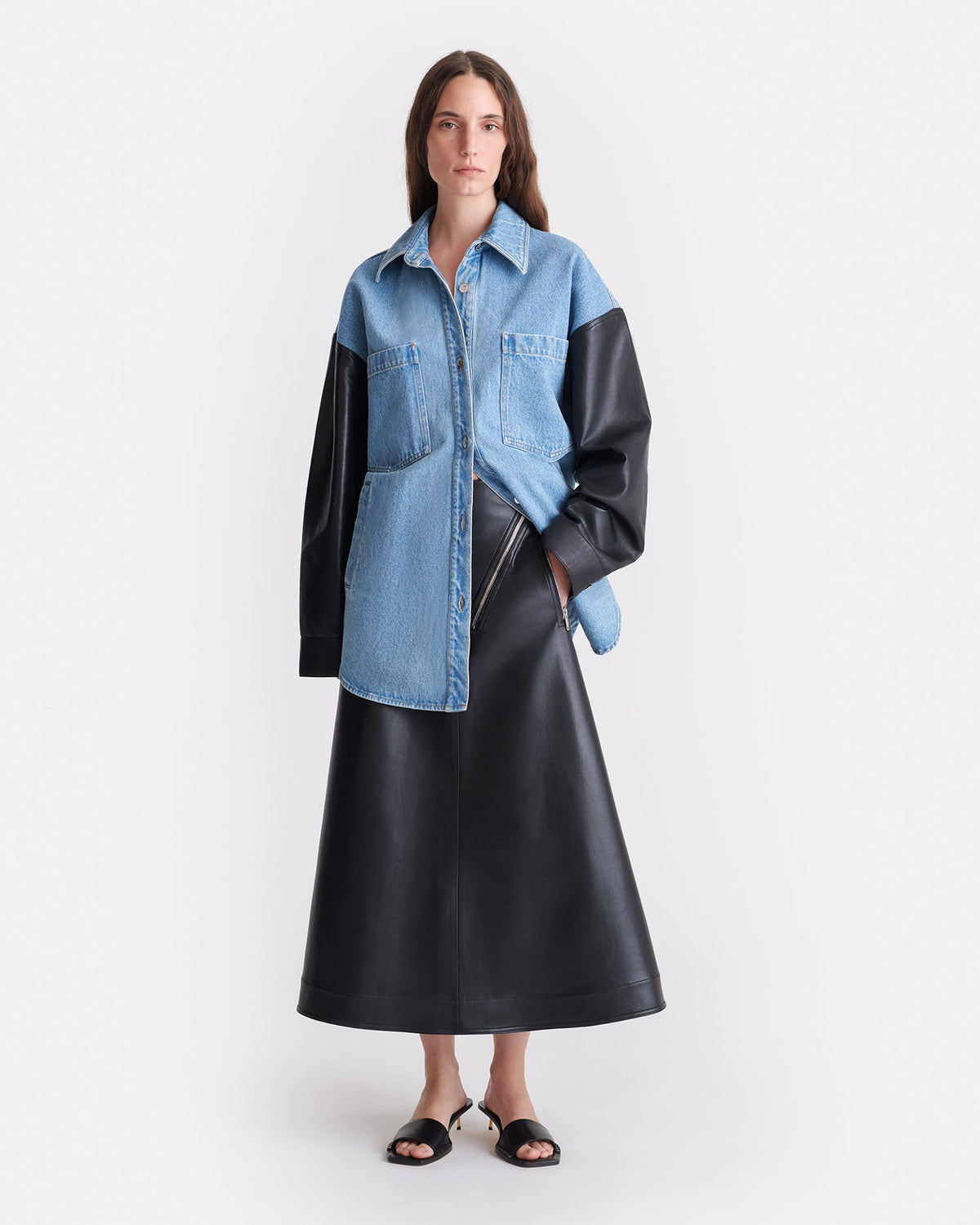 Chemise à manches en jean biologique et cuir - Bleu moyen/Noir