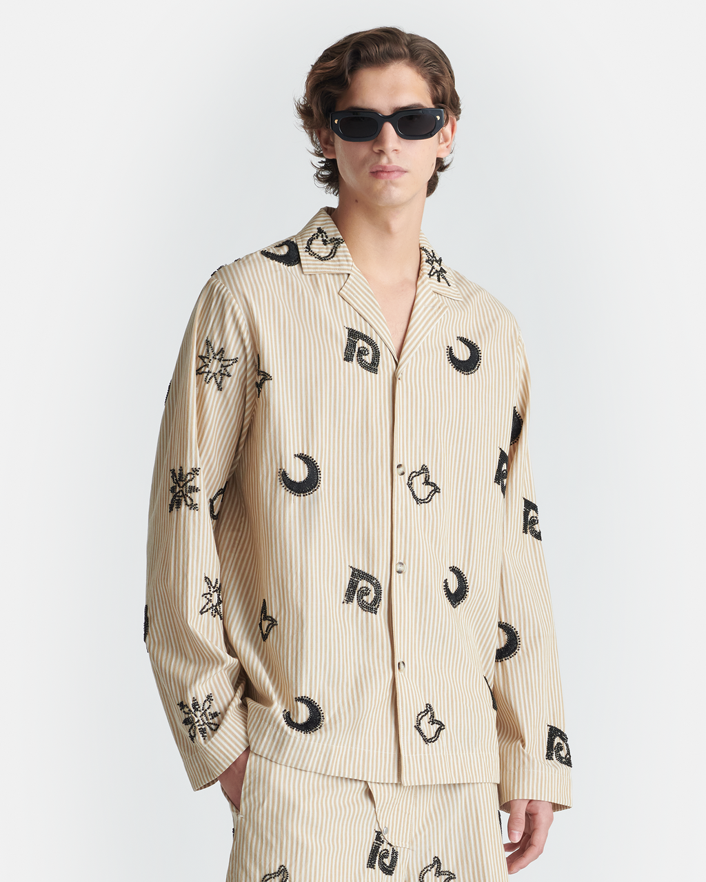 Chemise rayée perlée - Beige/Noir