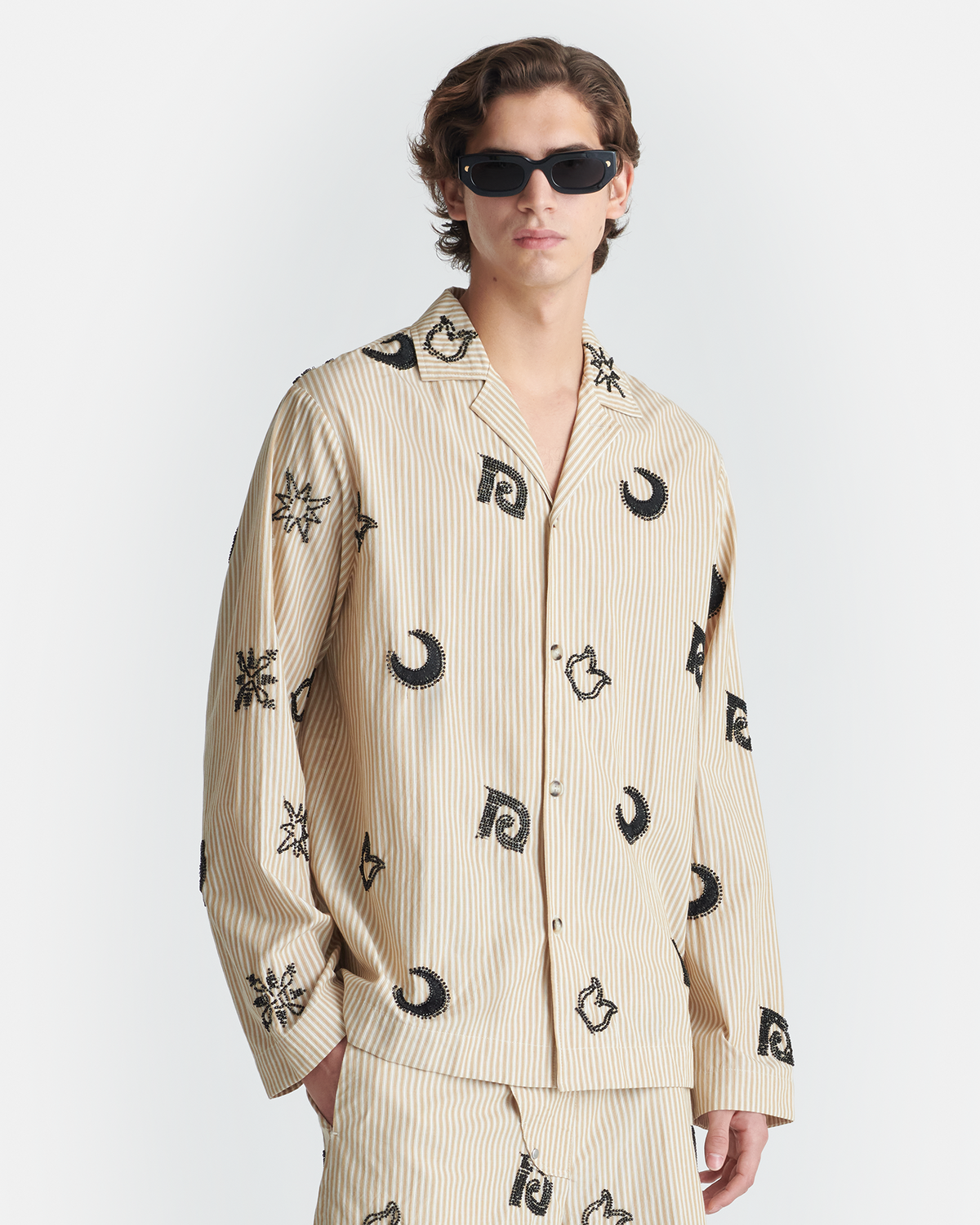 Chemise rayée perlée - Beige/Noir