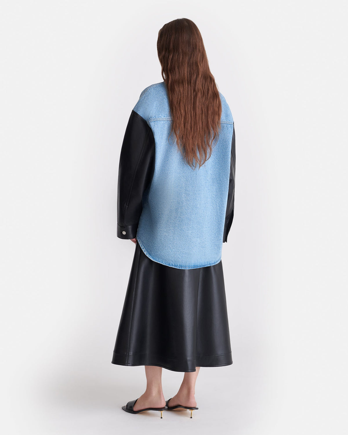 Chemise à manches en jean biologique et cuir - Bleu moyen/Noir